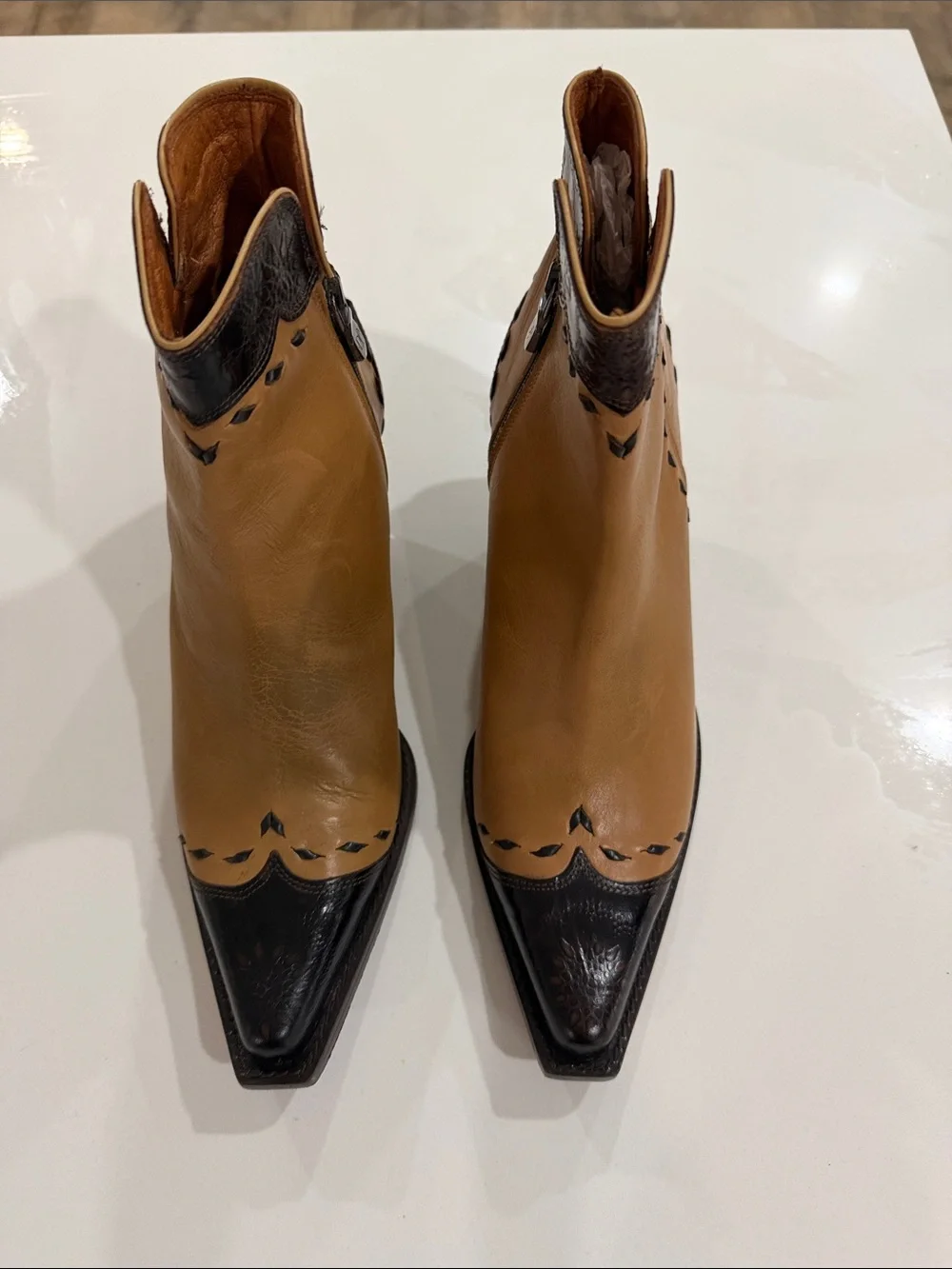 Donald J. Pliner Two-Tone Tan and Black Pointed Ankle Booties
